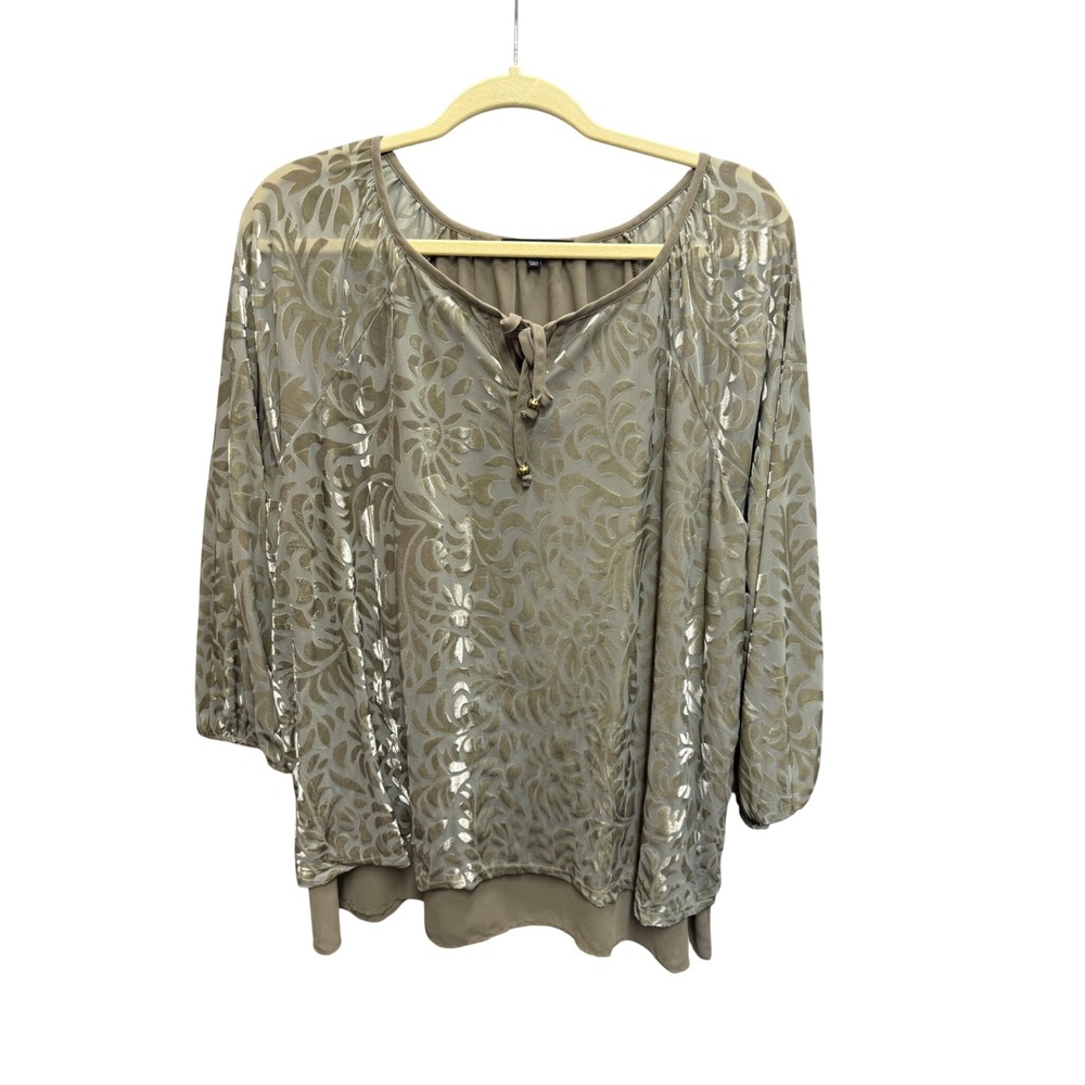 Simply Elegant Burnout Velvet Blouse Women Boho  2X Sage Floral   Neck Tie